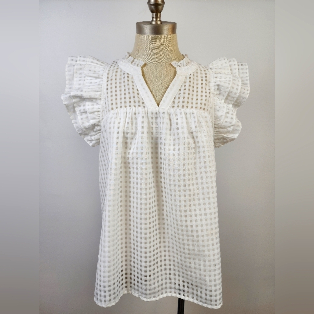 Entro Women's White Ruffled Cap Sleeve Blouse, sise Medium